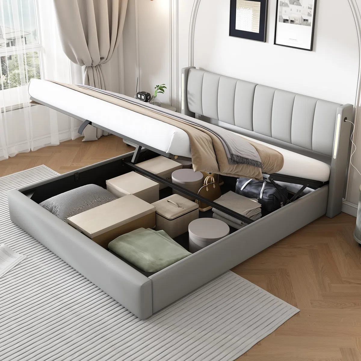 Cama Tapizada de 160x200 cm con Cabecero LED Inclinable y USB, Estructura de Cama Doble con Soporte de Láminas de Madera y Almacenamiento Hidráulica, Somier Metálico, PU, Gris, Sin Colchon