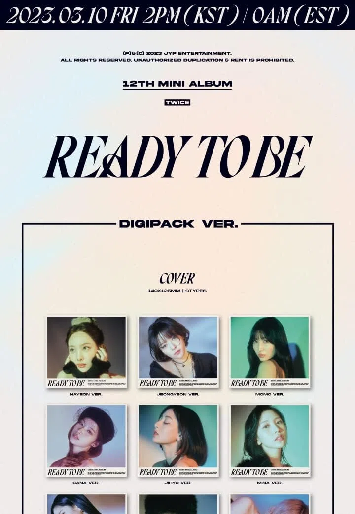 TWICE READY TO BE 12º Mini Álbum, versión Digipack, CD+POB+Cartel desplegable en el paquete+Libro de fotos+Tarjeta fotográfica+Adhesivo+Seguimiento sellado (Conjunto de 9 versiones)