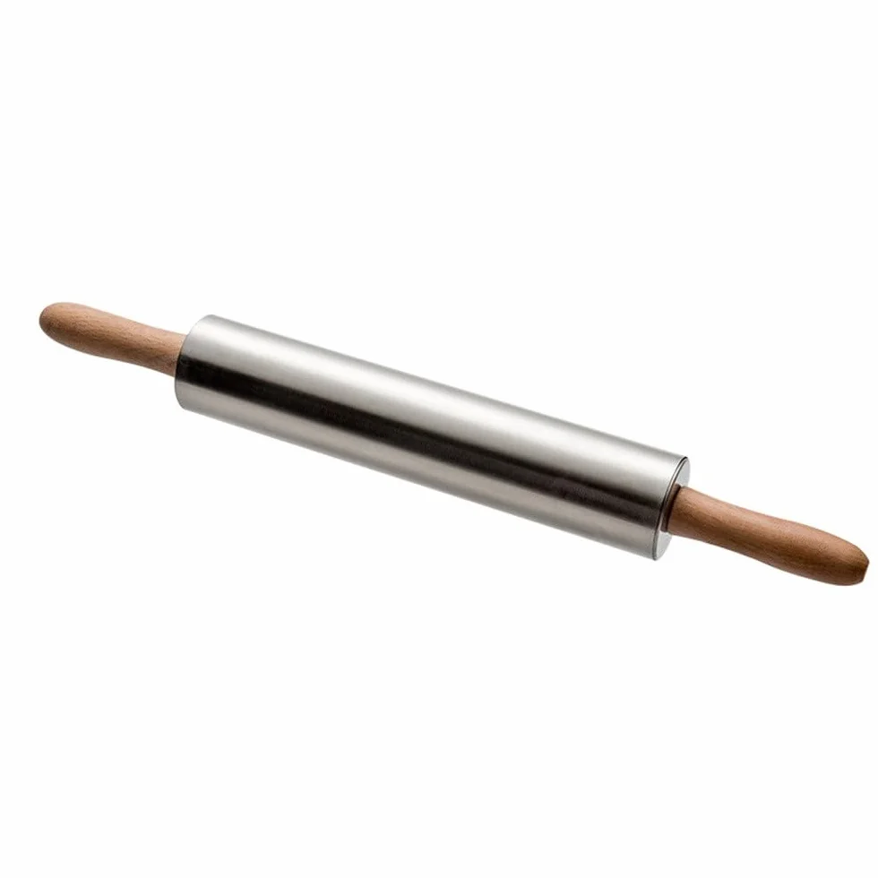 Rodillo de acero inoxidable con mango de madera, herramienta de cocina para hornear (38 cm), equipo esencial para hornear masa y pastelería hechos a mano