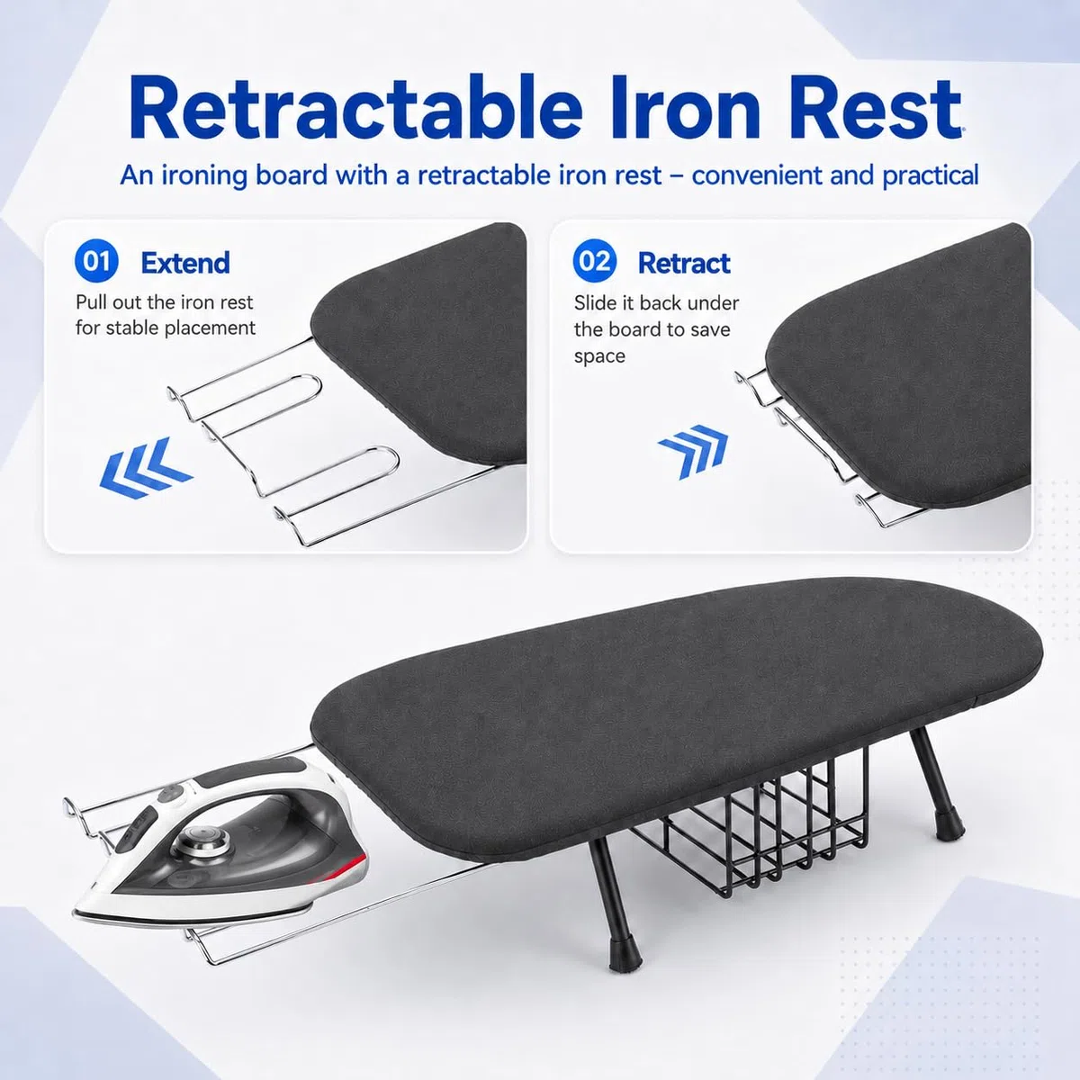Tabla de Planchar Plegable con Soporte para Plancha para Viajes en el Hogar | Tabla de Planchar Plegable Pequeña de Mesa con Patas Antideslizantes,Gancho,Funda Resistente al Calor,Ahorra Espacio,77x31cm