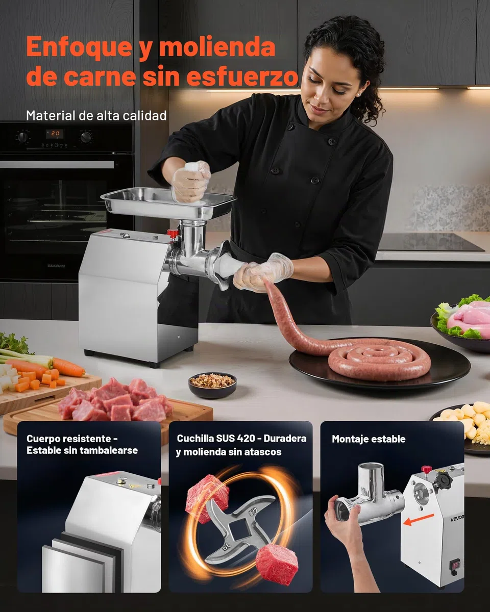 VEVOR Picadora de Carne Eléctrica de Encimera con Cuchilla, Capacidad de 4,2 kg/min, Placa de Molienda, Máquina para Hacer Salchichas, Acero Inoxidable para Cocina y Restaurante, 430 x 248 x 440 mm