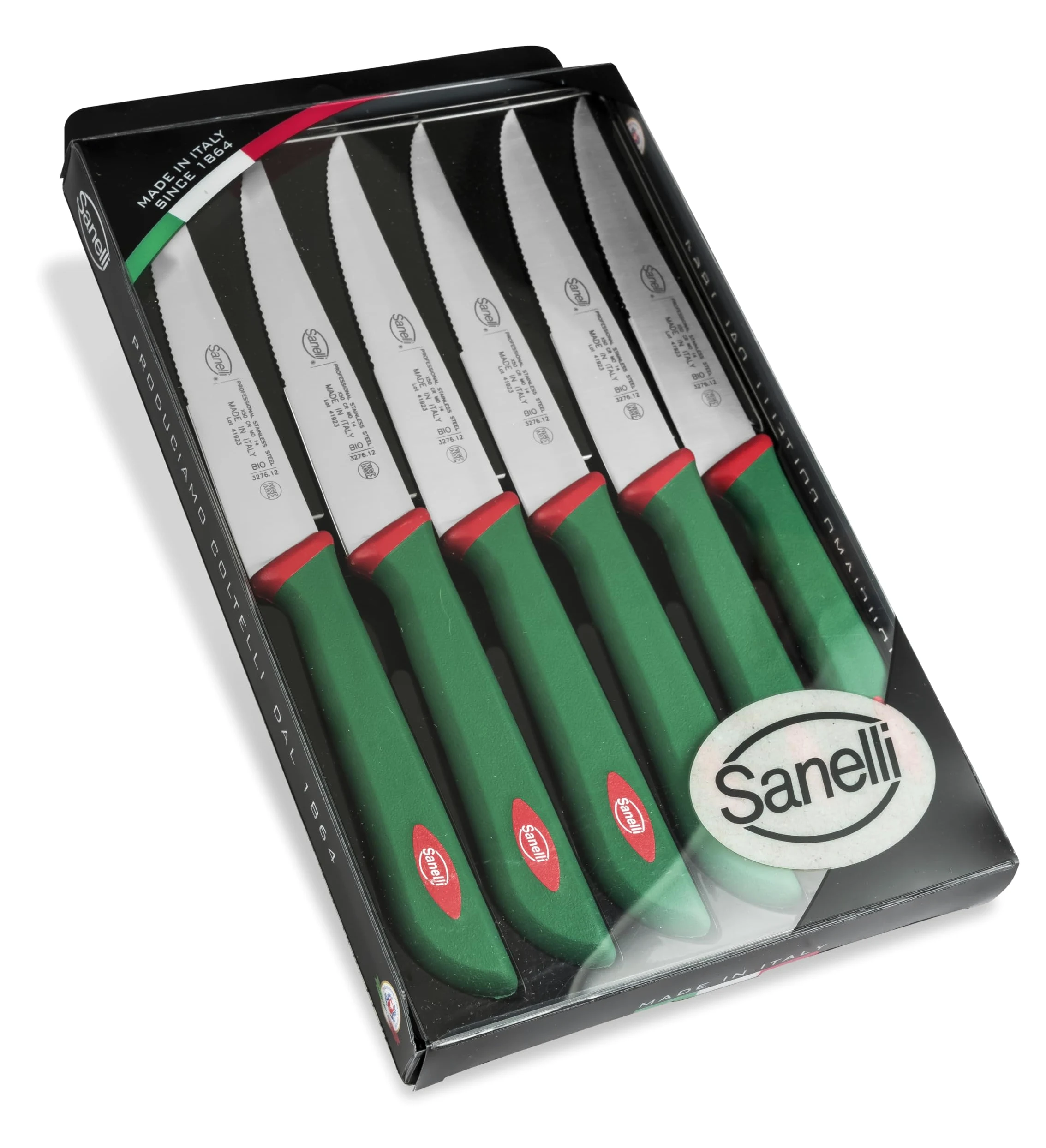 Sanelli Línea Premana Professional,Estuche Cuchillos Chuleta 6 pz.,Acero Inoxidable,Verde y Rojo,25.5x15.5x2.0 cm
