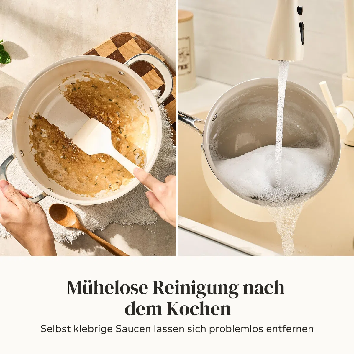 Redchef Juego de ollas de cerámica, 6 piezas para inducción, con tapa de cristal, cacerola de 24 cm, cacerola de 18 cm, 20 cm, apta para todo tipo de fuegos y hornos, apta para inducción (beige)
