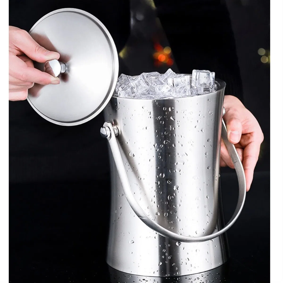 Cubo para Hielo Recipiente de Cubo de Hielo de Acero Inoxidable con Tapa y Pinzas champán Cooler Cooler Ice Cubo de Hielo Plateado de Doble Pared Cubo de Hielo Aislante (Color : 2.0L)