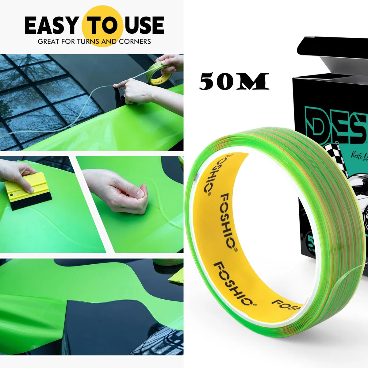 FOSHIO - Kit de herramientas de vinilo para coche, cinta de corte sin cuchillo, 50 m, raspador para película teñida, kit de herramientas para envoltura de película, 6 imanes para envolver, raspador