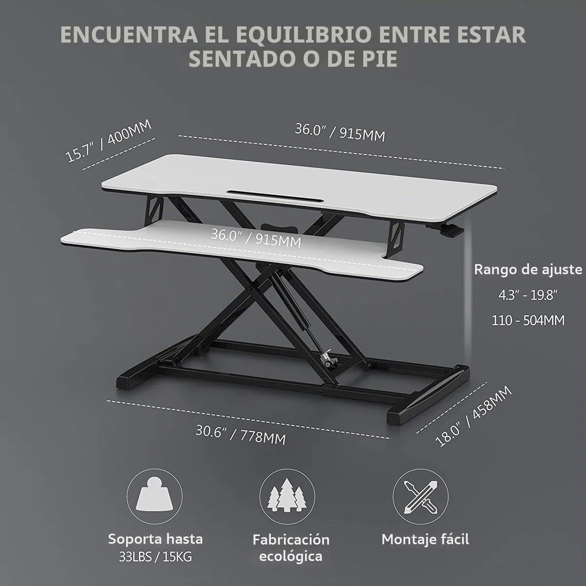 FITUEYES Standing Desk Converter Grande 36''/91.5cm Convertidor de Escritorio de Pie para Doble Monitor Altura Ajustable con Bandeja de Teclado Profunda y Soporte para Teléfono (Blanco)