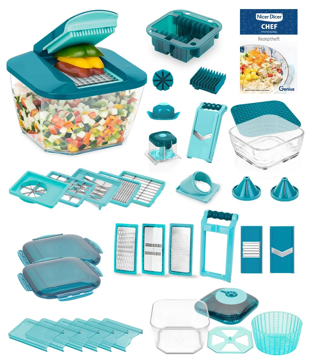 Genius Nicer Dicer Chef Professional Deluxe - Cortador manual de verduras (39 piezas, recipiente de 5,2 l y tapa de cristal de 2,8 L, cortador en espiral, cortador de patatas fritas y utensilios de