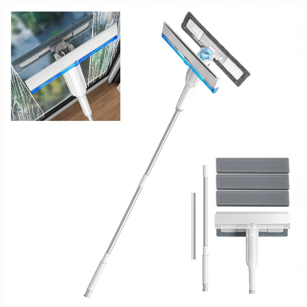 4 en 1 Spray Limpiador De Cristales con Colector De Aguas Residuales Y 3 Paños Microfibra, Limpiador Cristales con Varilla De Extensión para Baños,Ventanas,Espejos