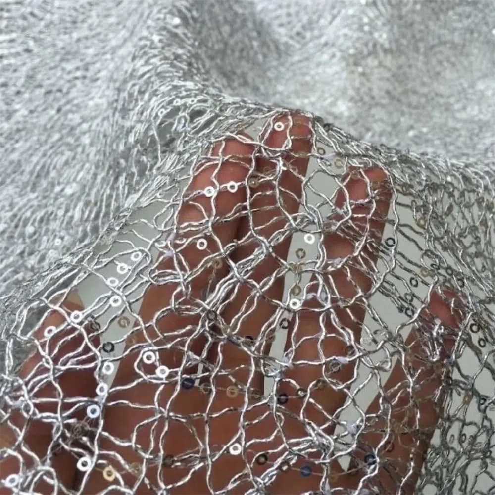 Tul de poliéster de primera calidad, Tela hueca de lentejuelas doradas, plateadas y negras, estilo DIY, abrigo for espectáculo, vestido, 1 yarda(No.2)