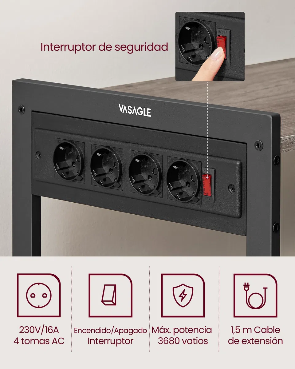 VASAGLE Estantería de Cocina con Enchufes, 2 Cestas de Malla, Estantería para Microondas, con Estantes y Ganchos, 35 x 80 x 93,5 cm, Estilo Industrial, Greige Mélange y Negro Tinta KKS196K02