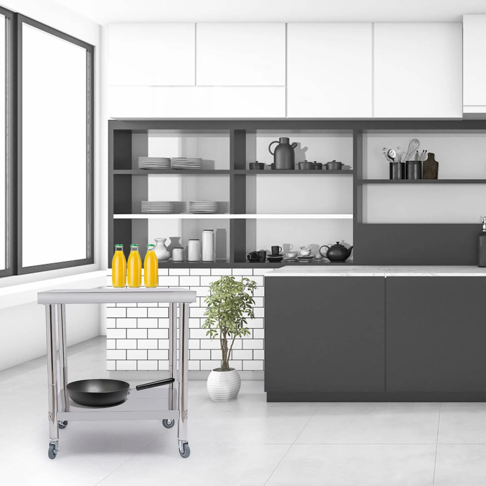 OUKANING Carro de servir de acero inoxidable de 2 niveles, mesa de trabajo de cocina de acero inoxidable con ruedas, mesa de acero inoxidable, gastronomía doméstica/comercial, capacidad de carga 300