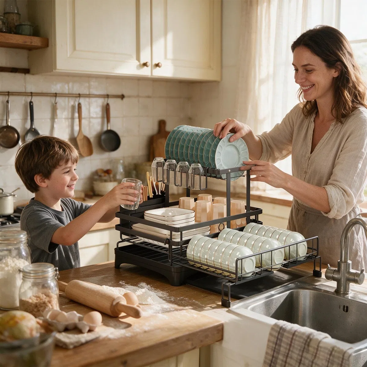 de gran capacidad con soporte para utensilios para fregadero y | Escurridor de cocina, accesorio para platos, cuencos, cubiertos, cuchara, tenedor, hogar