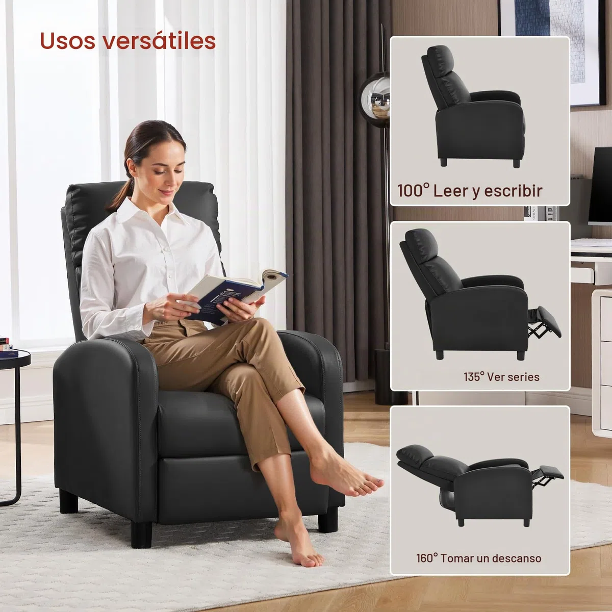 WOLTU Sillón Reclinable, Respaldo Reposapiés Elevable, PU, Negro | Sillon Relax Inclinable, Butaca Reclinable, Asiento Acolchado, Sofá Individual de Lectura, Salón y Dormitorio
