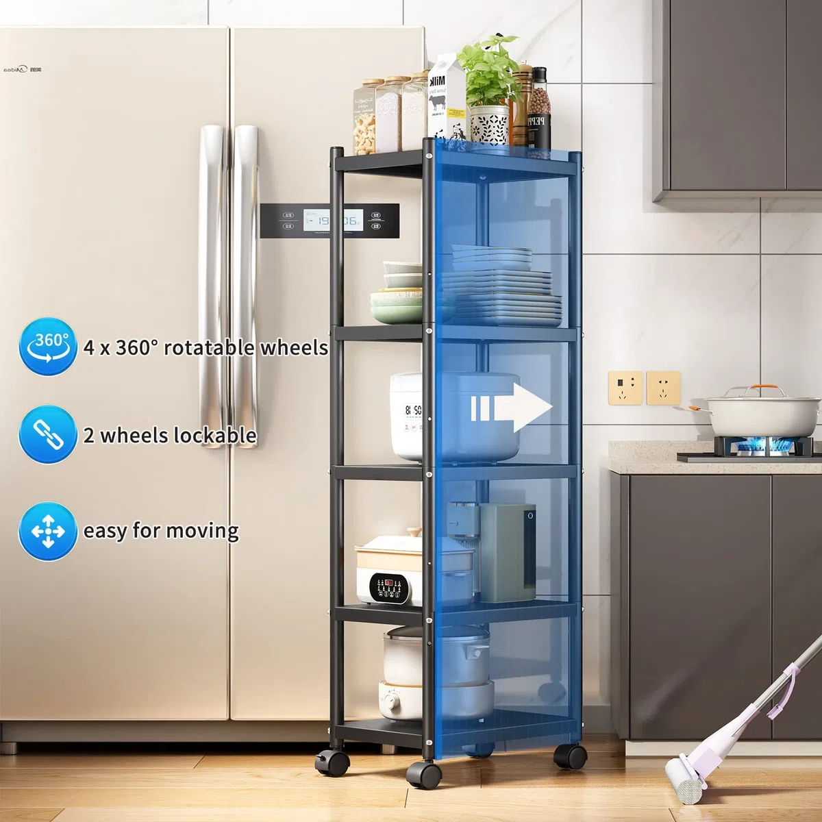 SAYZH Estanterias Almacenaje, Estantería de Metal Resistente de 5 Niveles, Estanteria Altura Ajustable Cocina con Ruedas y Patas Antideslizantes para Garaje, Cocina, Sala de Libros, Esquina, Negro