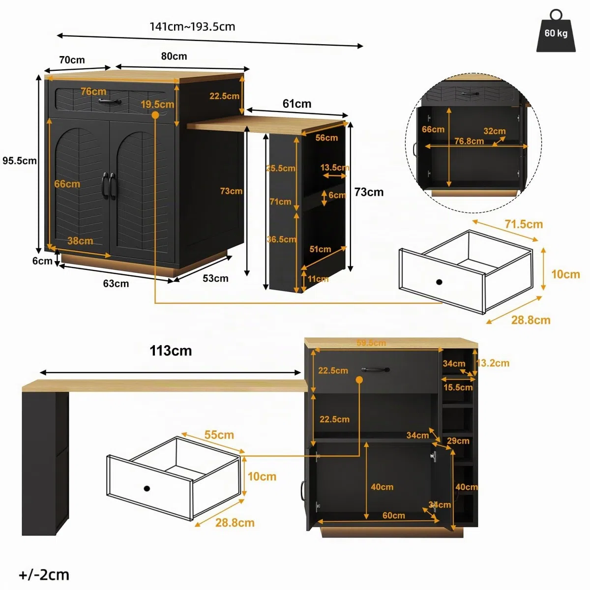 YEHTOKHOME Isla Central Cocina con encimera extensible 140-193 cm, mesa de bar con almacenamiento, 2 cajones y 4 puertas, armario de vino, iluminación LED, para 4-6 personas, comedor (negro)