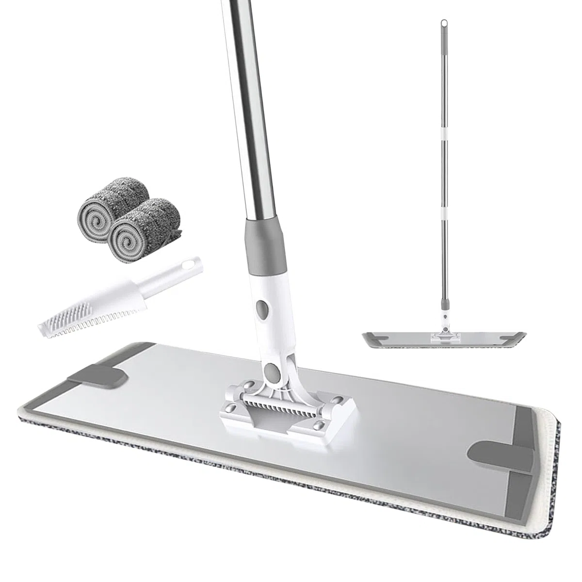 Mopa de Microfibra,Fregona Plana con 3 Mango de Acero Inoxidable,raspador,2 Almohadilla de Microfibra,para Madera Dura, baldosas, Limpieza de Pisos laminados (90cm)