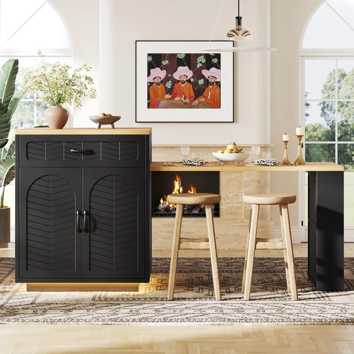 YEHTOKHOME Isla Central Cocina con encimera extensible 140-193 cm, mesa de bar con almacenamiento, 2 cajones y 4 puertas, armario de vino, iluminación LED, para 4-6 personas, comedor (negro)