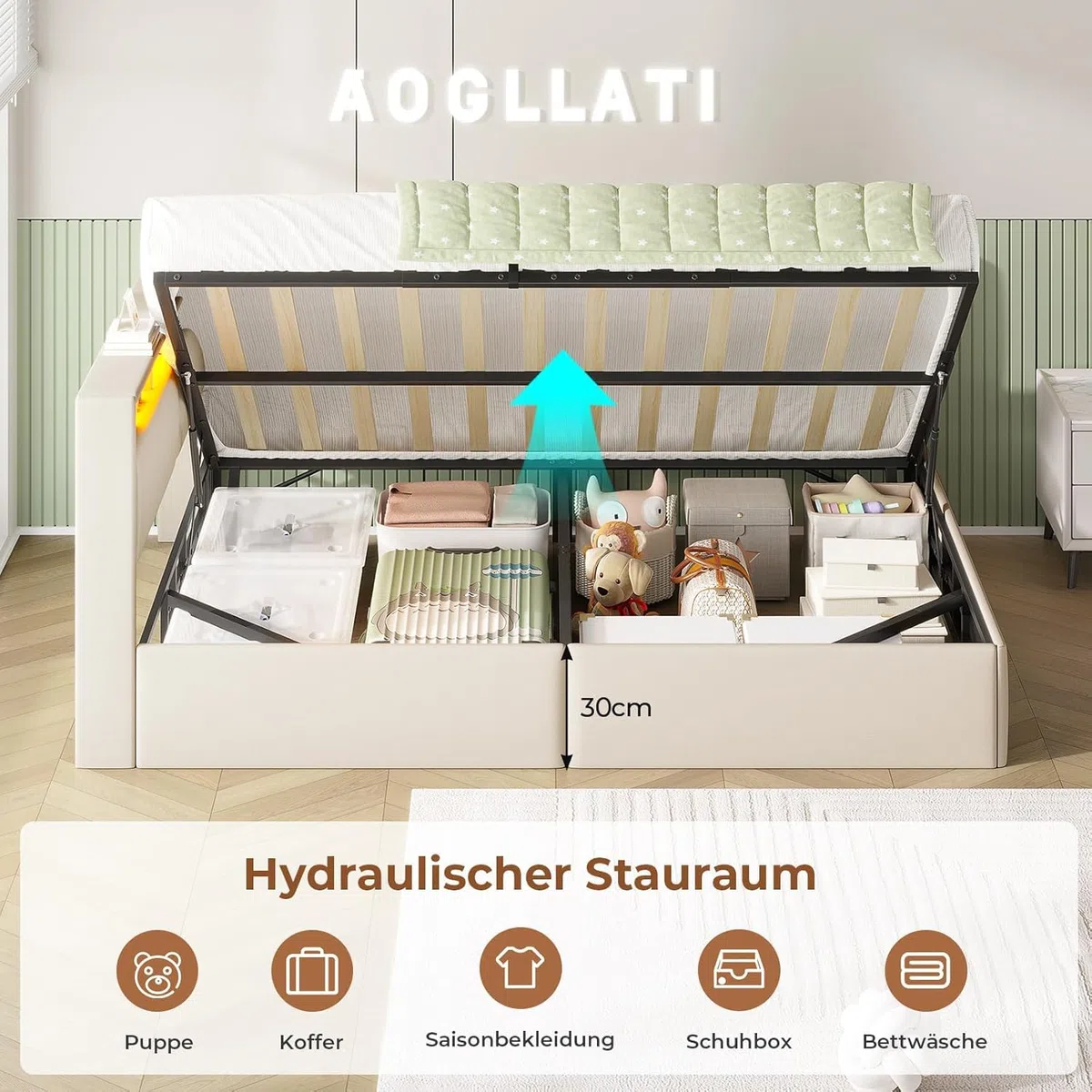 AOGLLATI Canapé 140x200 cm con Almacenamiento Hidráulico, Sofá Cama Matrimonio con Cabecero Tapizado y Luz LED Regulable, Estructura Camas Matrimoniales con Estación de Carga, Cama Juvenil, Beige