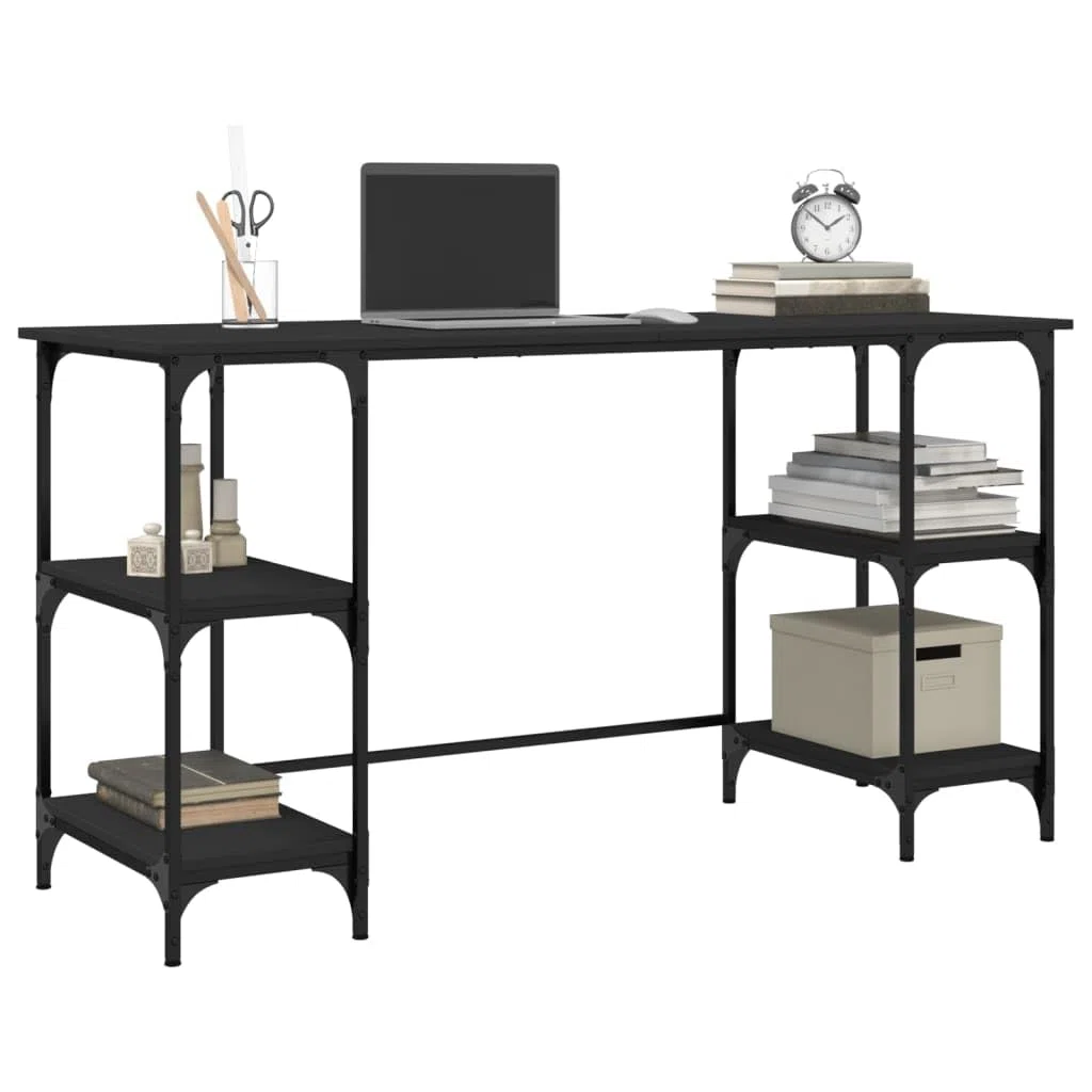 Escritorio negro 140 x 50 x 75 cm de metal y madera con patas ajustables, amplia superficie de trabajo, estantes flexibles para PC, portátil, oficina y oficina en casa
