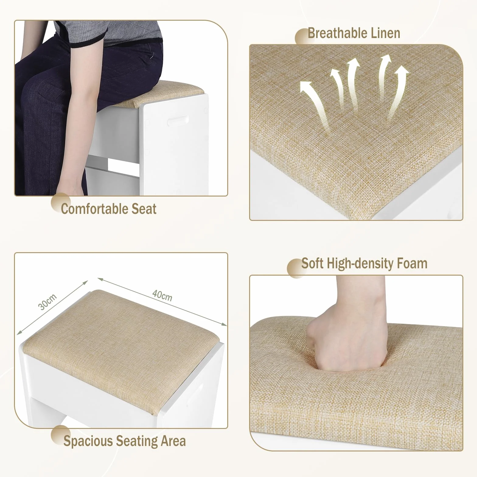 WOLTU Taburete Tocador, Taburete Maquillaje para Dormitorio, Silla Tocador con Asiento Tapizado en Lino Transpirable, Estructura MDF E1, 40x30x45cm, Beige+Blanco, MB6098be