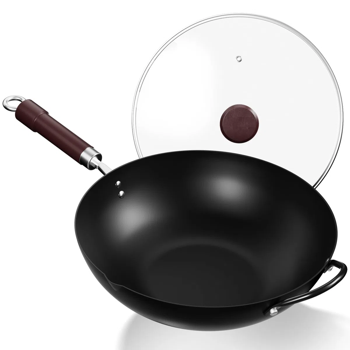 Jobin 32 cm/12,6'' Wok de Acero al Carbono con Tapa, Asas de Madera y Acero, Puede Cocinar Platos Asiáticos Para 3-5 Personas - Fondo Plano