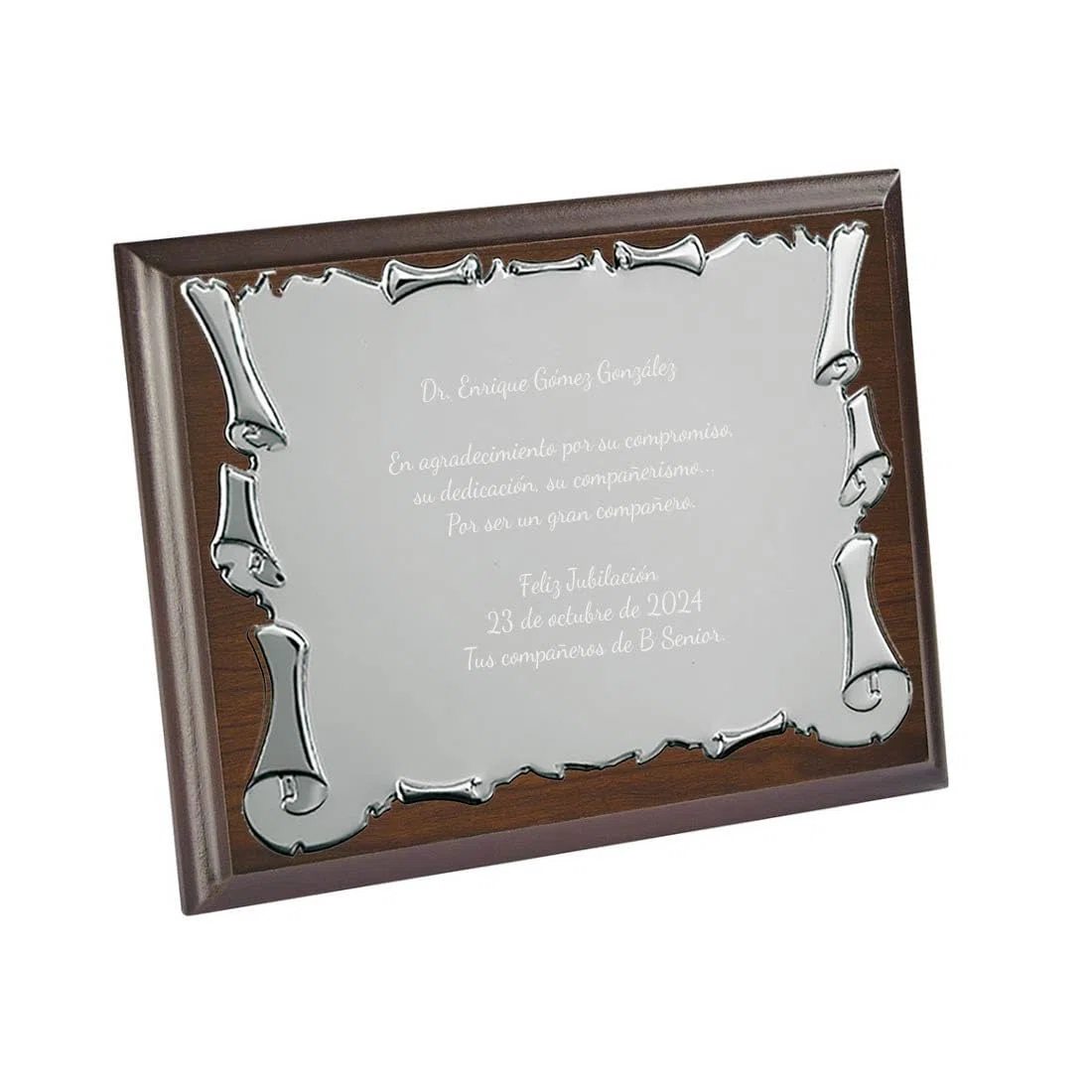 CALLE DEL REGALO - Placa Conmemorativa Personalizada en Estuche de Madera de Nogal | Placa de Homenaje Grabada para Jubilación, Reconocimiento | Placa de Metal Plateado sobre Madera | 25 x 20 cm