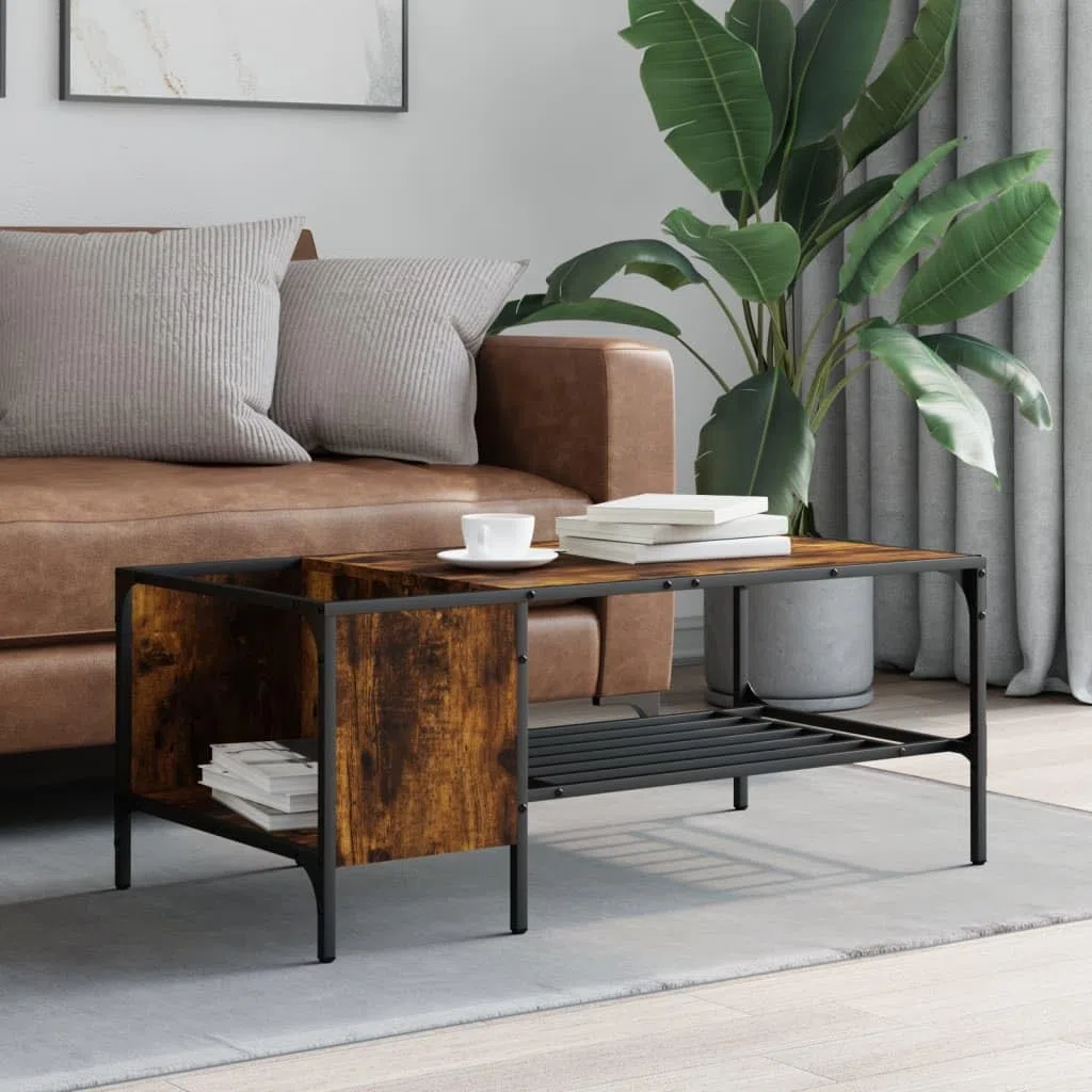Mesa de centro de roble ahumado, 100 x 51 x 40 cm, material de madera con marco de metal, mesa auxiliar moderna para salón, oficina o pasillo
