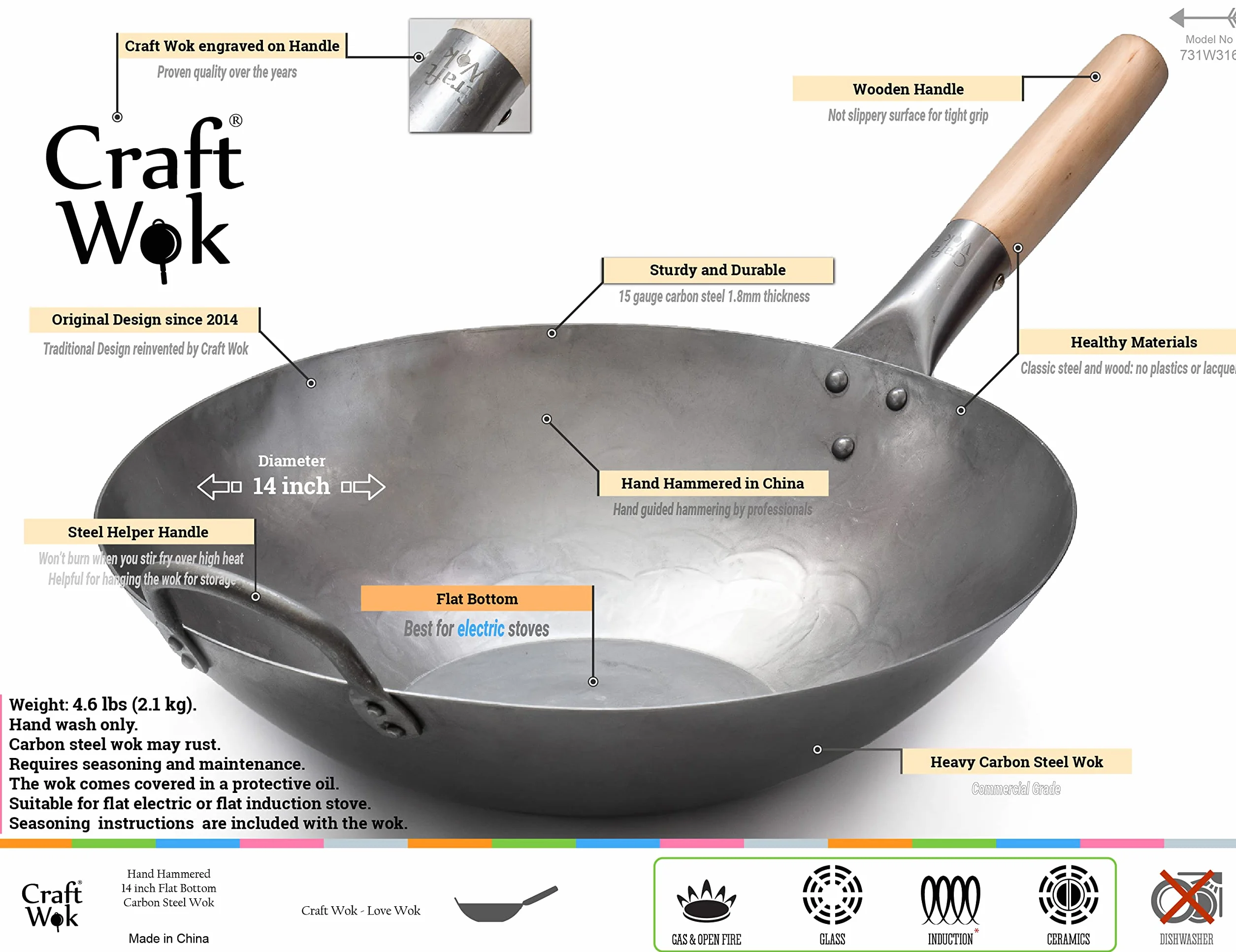Craft Wok Wok de acero al carbono martillado a mano plano con mango auxiliar de madera y acero (14 pulgadas, parte inferior plana) / 731W316
