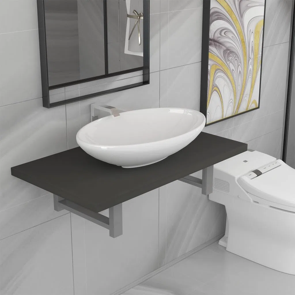 2-TLG. Juego de muebles de baño gris con lavabo de cerámica, estante de pared de madera y marco de metal, 60 x 40 x 16,3 cm, lavabo ovalado, ahorro de espacio para baño, lavabo, inodoro