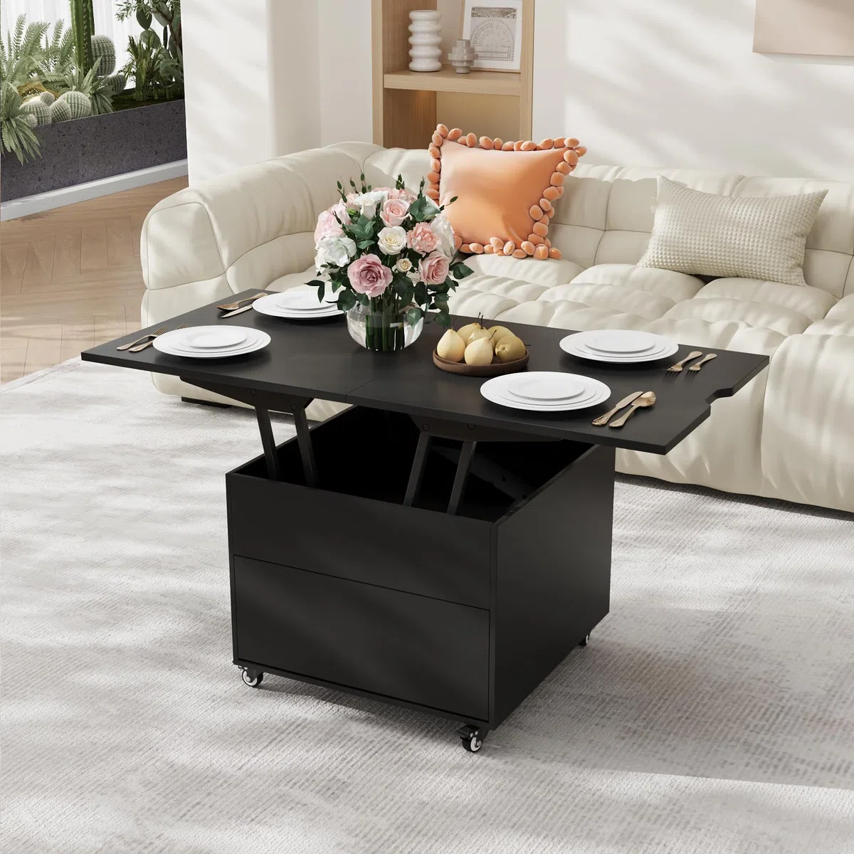 VOWNER Mesa de Centro Elevable Extensible (Negro) | Multifuncional 3 en 1, Convertible en Mesa de Comedor de Salón