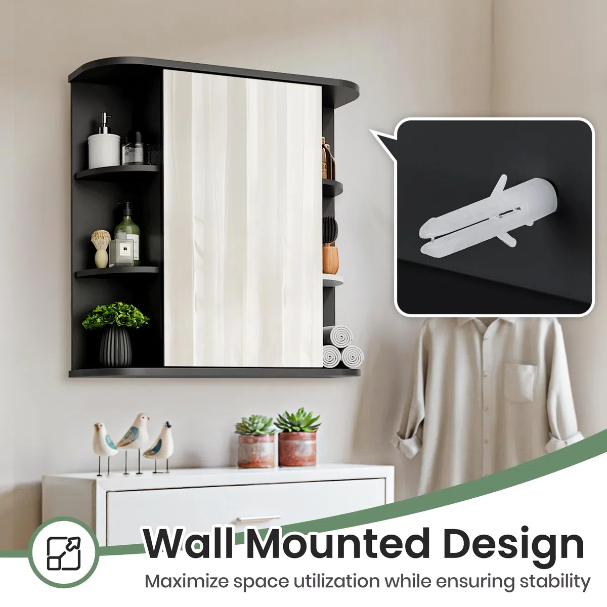 Pamapic Armario con espejo de baño, armario de baño con espejo HD grande, armario de almacenamiento montado en la pared con estantes ajustables, unidad de almacenamiento para sala de estar, dormitorio