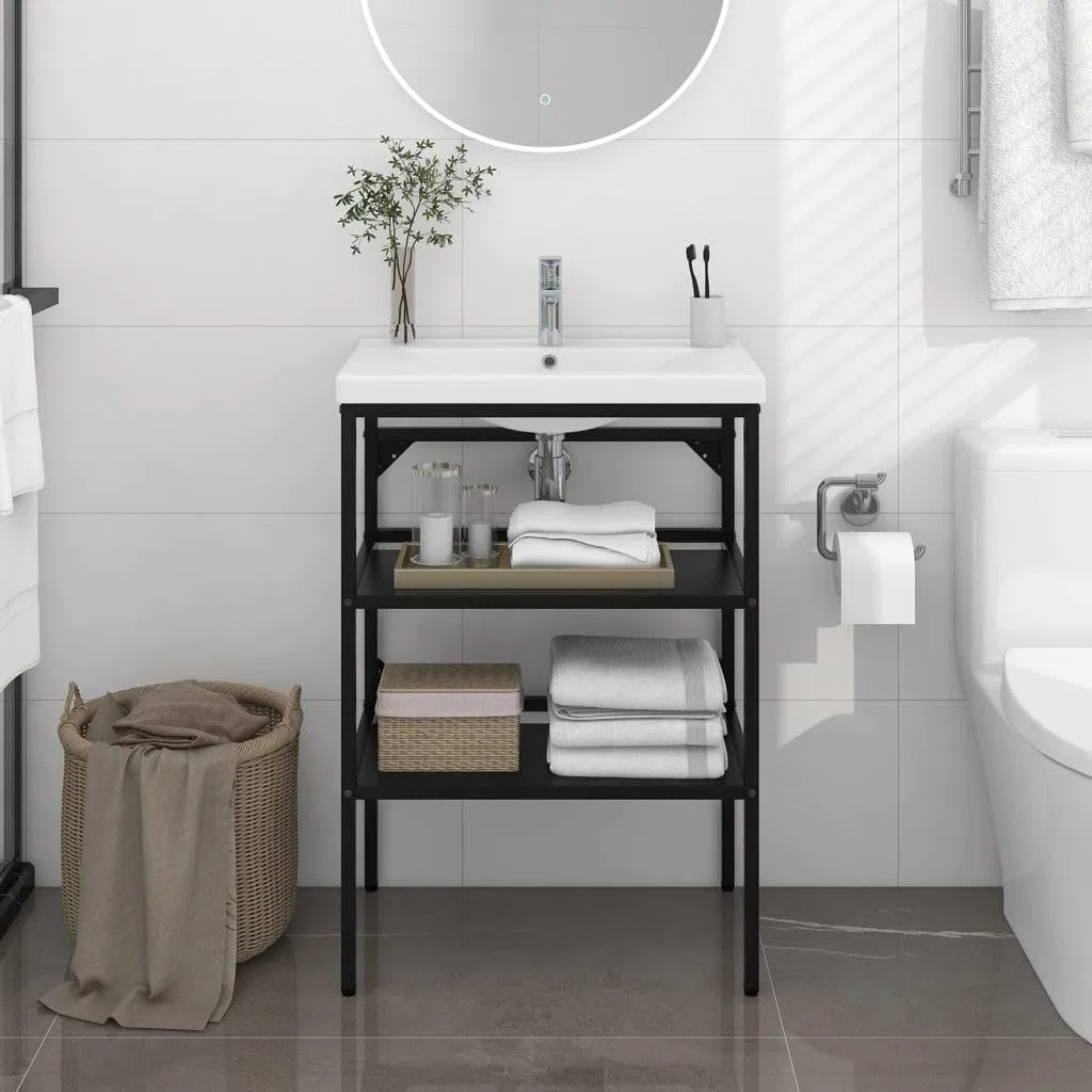 Bastidor de lavabo, negro, 59 x 38 x 83 cm, caja de almacenamiento de hierro con recubrimiento en polvo, resistente a la intemperie, toallero duradero