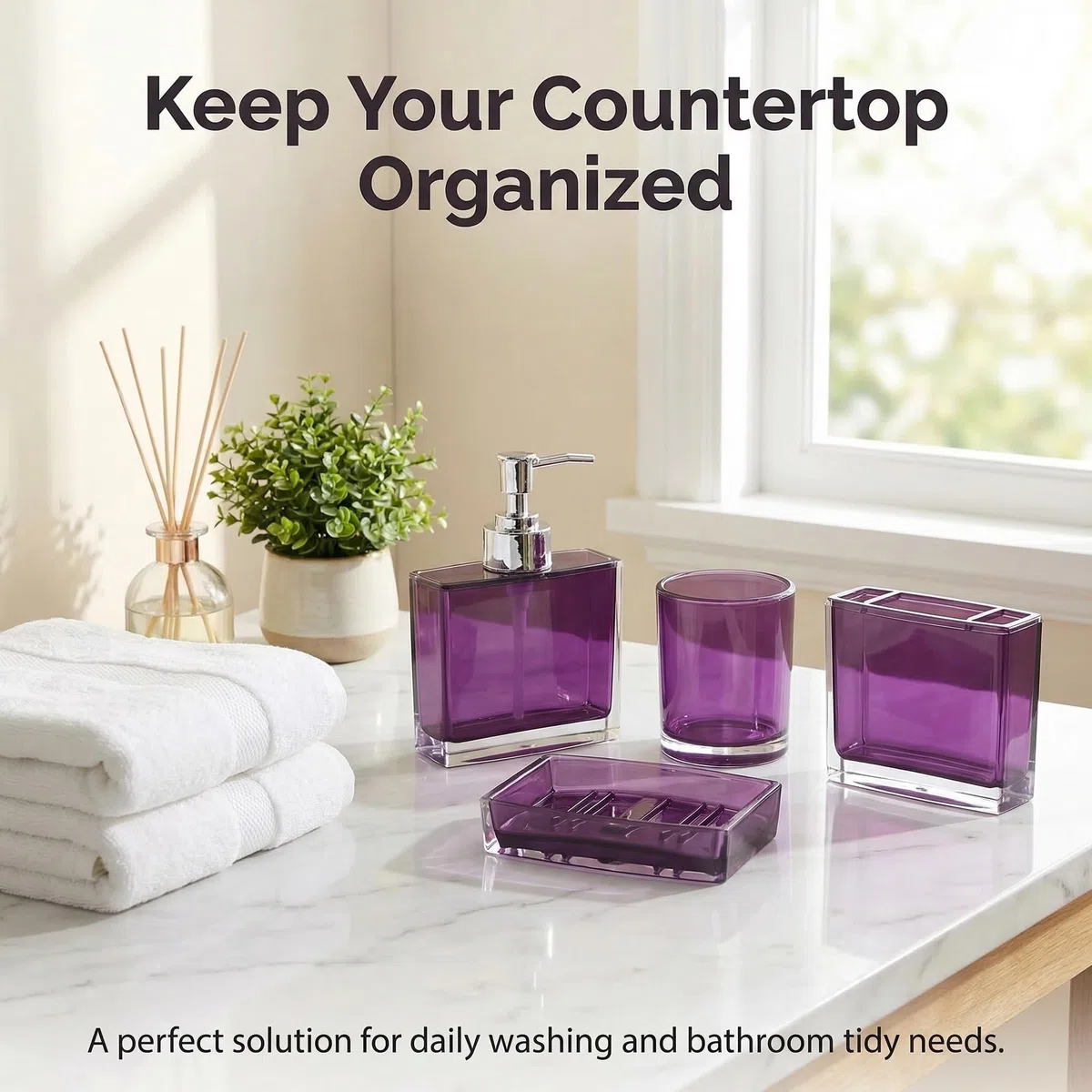 Juego de accesorios de baño, juego de 4 accesorios de baño acrílicos con dispensador de jabón, jabonera, soporte para cepillo de dientes, vaso, decoración moderna de accesorios de baño, regalo para el