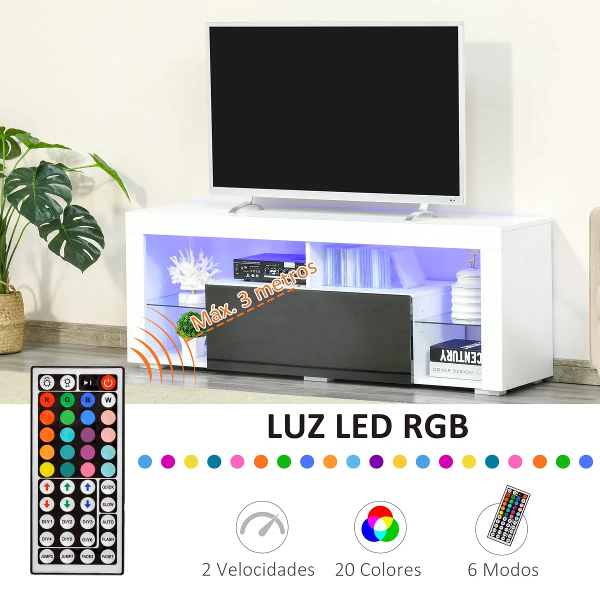 HOMCOM Mueble de TV para Televisiones de 55”Pulgadas 140x35x52 cm Blanco | Mesa para TV de Salón, Luz LED, 6 Modos de Colores, Mando a Distancia, Cajón, Estantes de Cristal Ajustables, Alto Brillo