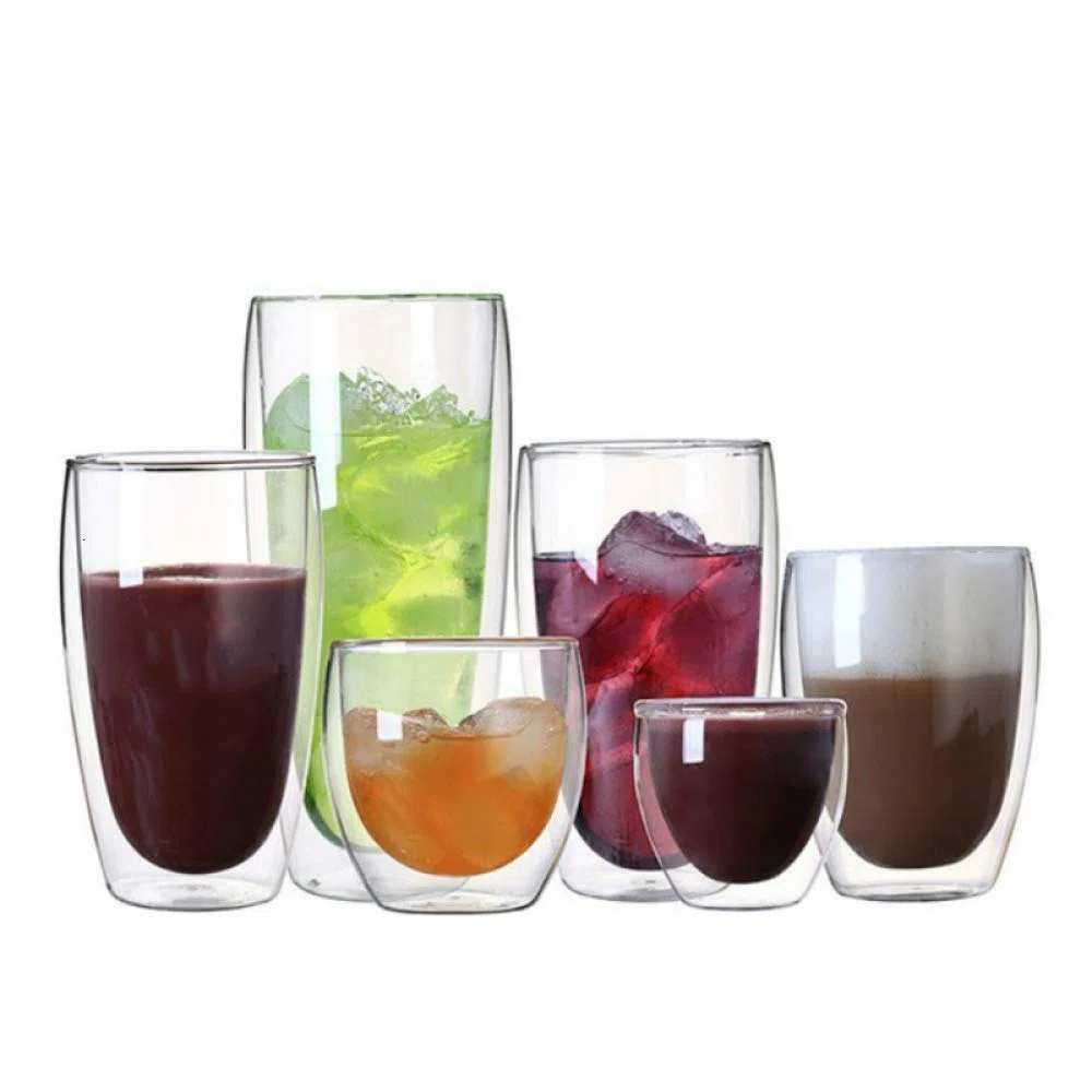 NOBRIM Taza de Cristal de Doble Pared de 80/150/250/350/450ml, Taza de Agua Resistente al Calor, Taza Transparente, Vasos para Beber para Bar, Fiesta, jarras de Cerveza