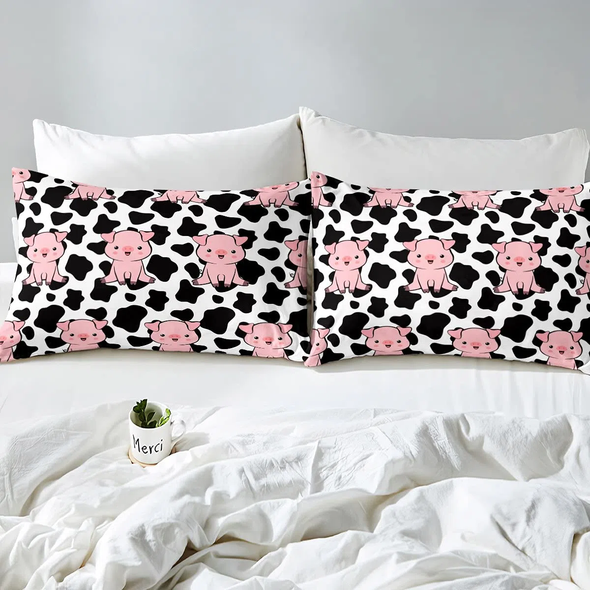 Funda de edredón de cerdo rosa para niños, ropa de cama y lino de color negro, blanco y negro, juego de cama de vaca para niños y niñas, dibujos animados granja animales ropa de cama y lino ultra sua