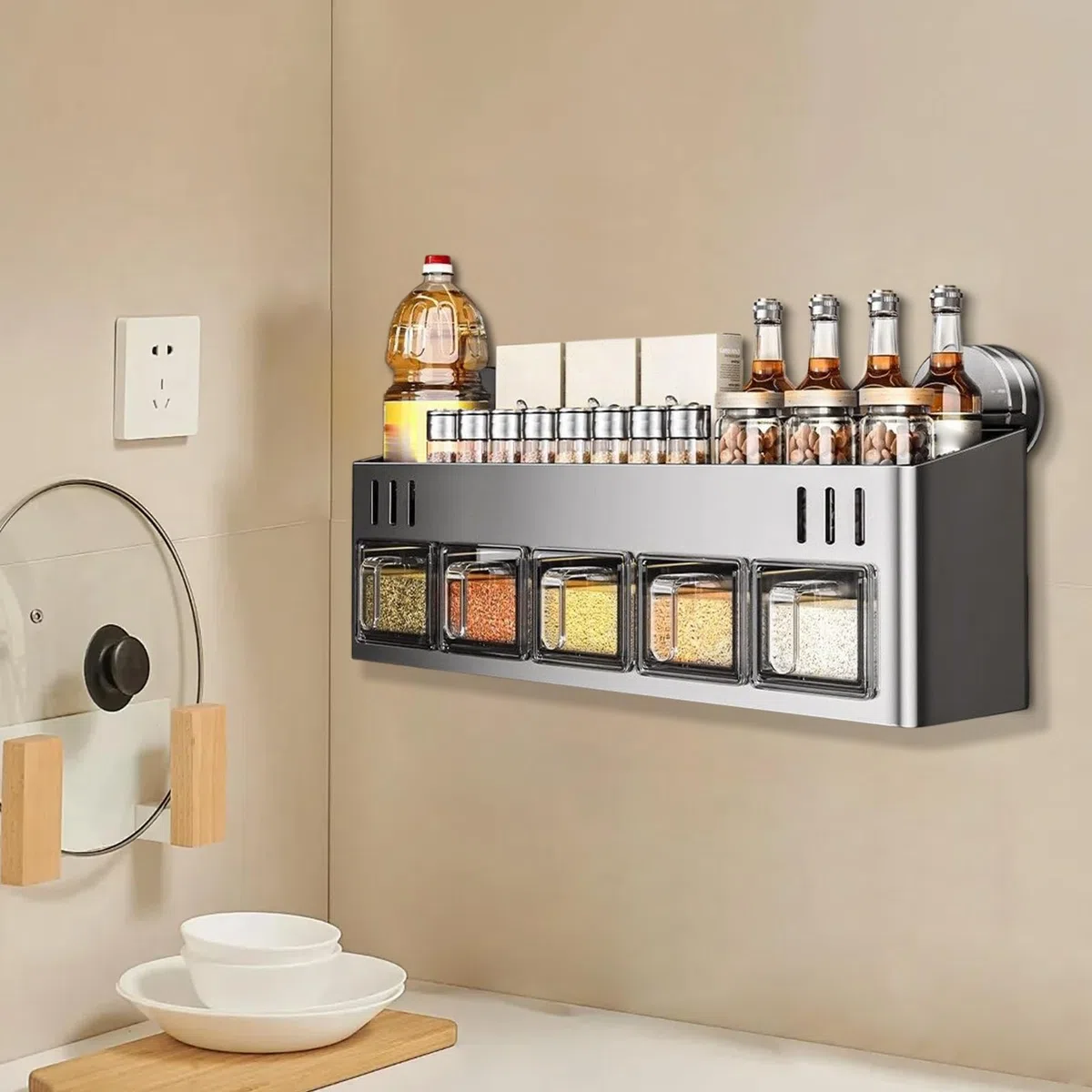 Estante de condimentos – Contenedores de condimentos, organizador de ventosas, tarro de pared, soporte para condimentos sin taladrar para armario, despensa y encimera