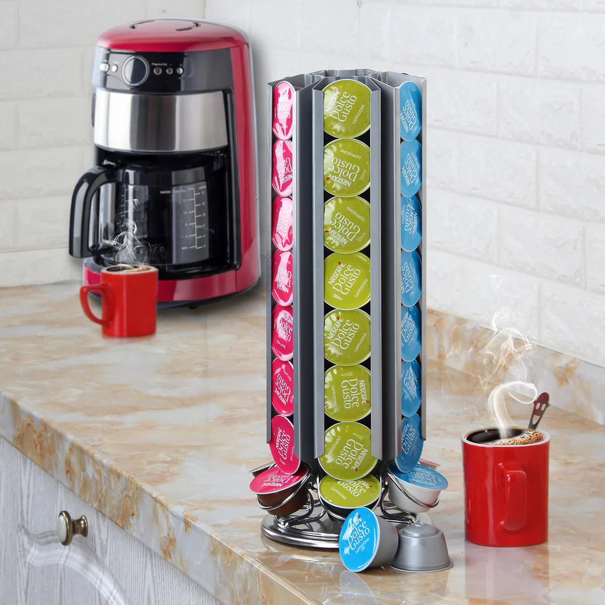 FlagShip Soporte para cápsulas de café Dolce Gusto, organizador de cápsulas de carrusel de metal, 48 cápsulas, color plateado