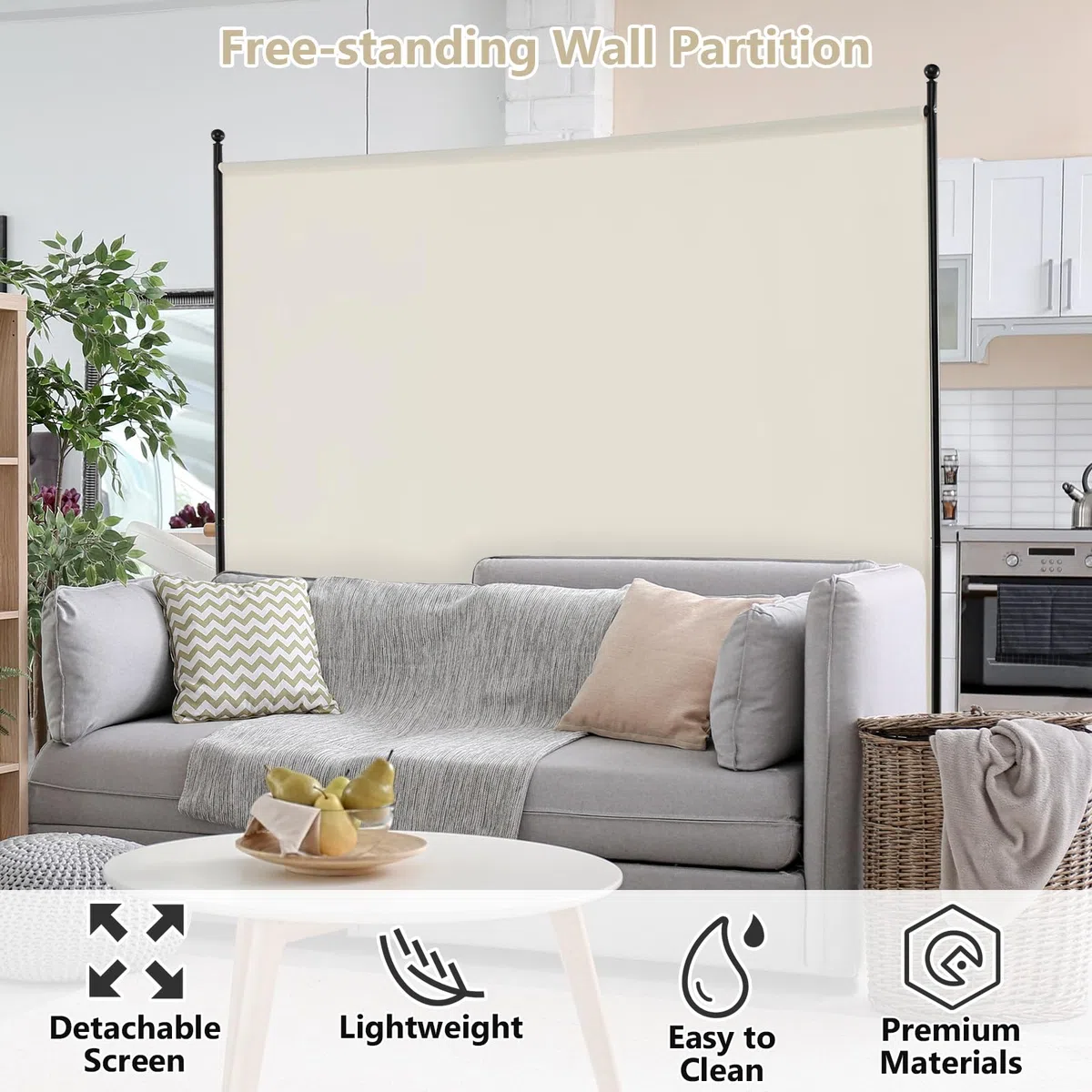 LIFEZEAL Biombo de 1 Panel, Separador para Interior, Exterior, Biombo Móvil Pared Divisoria, Marco de Metal con 4 Ruedas, Protección de Privacidad, Separador de Espacio, Byobu, 184 x 184 cm (Beige)