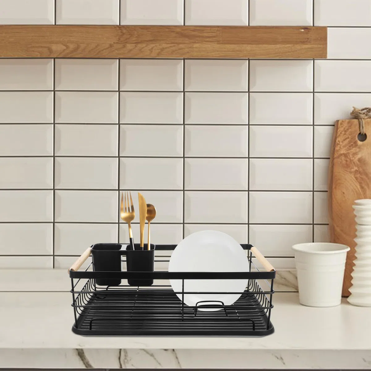 Escurridor Organizador Multifuncional Negro Gran Capacidad de Platos de Hierro para Cubiertos y Vajilla Bandeja para Encimera de Cocina