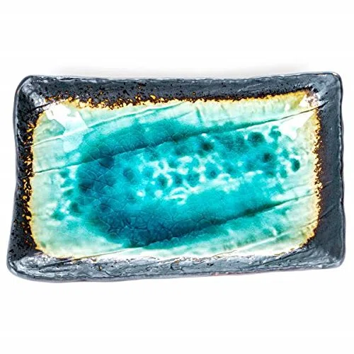 Gran Plato De Cerámica Placa Oblonga Japonés Para Sushi Y Cocina Asiática En Crackleglaze Azul - 26cm