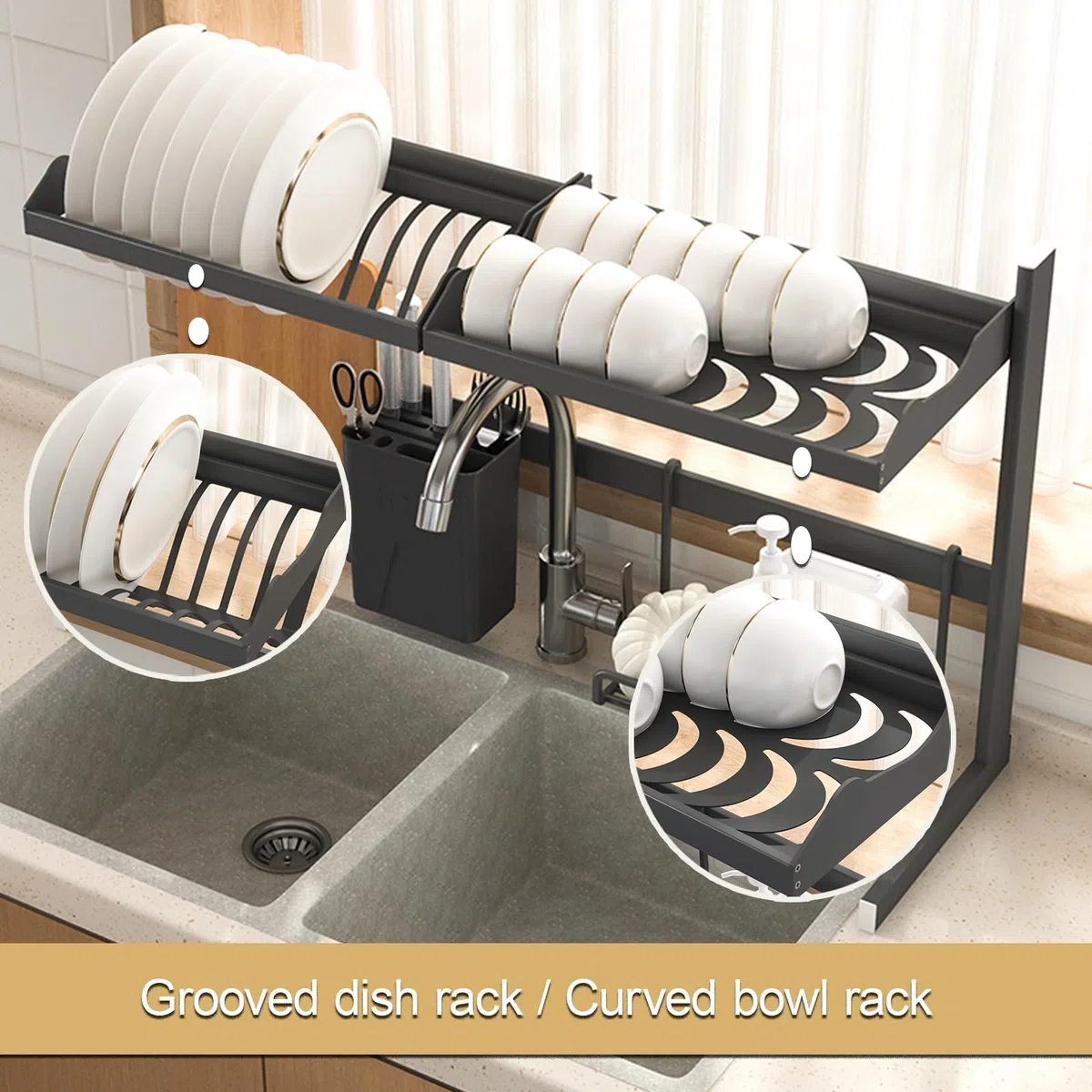 Escurreplatos sobre el fregadero, escurridor de platos de gran capacidad con soporte para utensilios, organizador de encimera de cocina para platos, cuencos y cubiertos