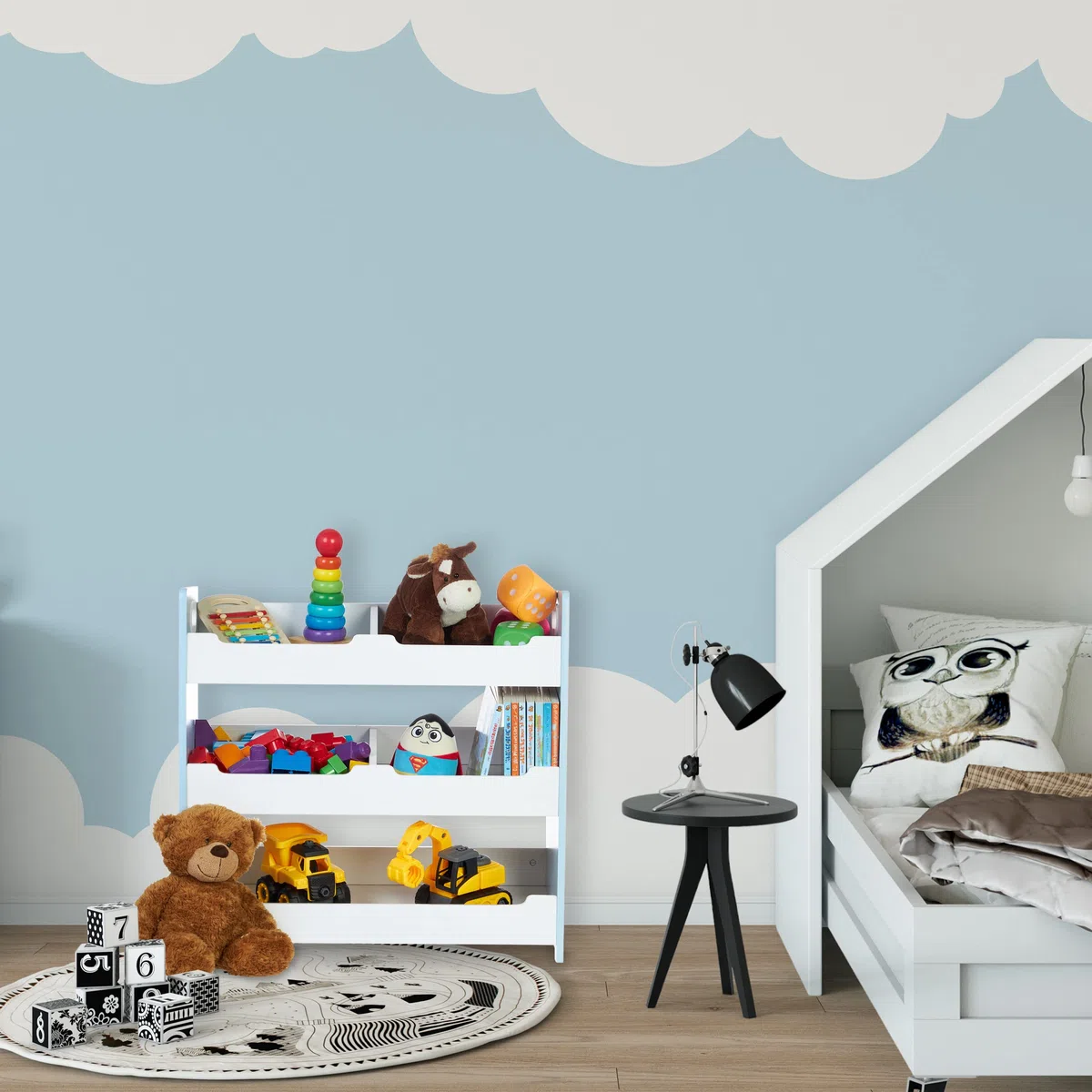Relaxdays Estantería Infantil Marinero, 5 Estantes, MDF, Organizador Juguetes Niños, Asas, 60x42,5x30 cm, Blanco y Azul, Tablero de Fibras