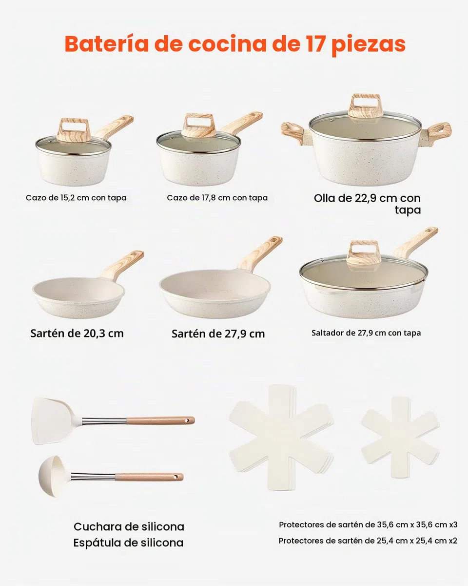 VEVOR Juego de Ollas y Sartenes de 17 Piezas, Antiadherentes de Granito, para Inducción, Apto para Cocina de Autocaravanas, con Tapas de Vidrio Templado y Protectores, Blanco