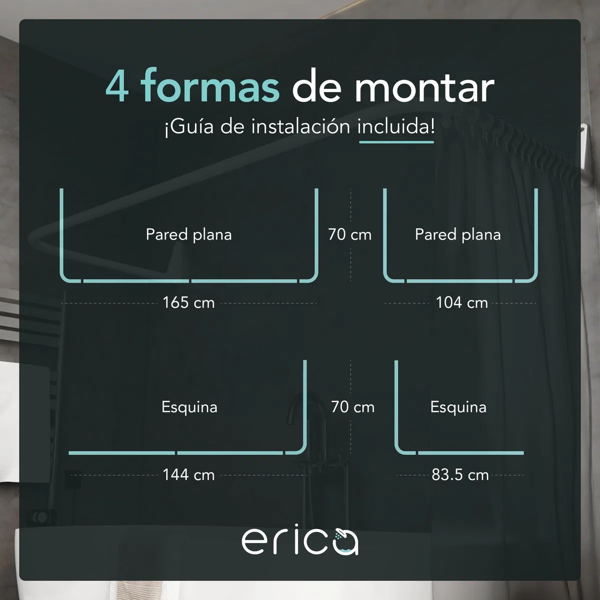 Erica Barra para Cortina de Ducha en Forma de U de 70x165x70cm, Barra para Cortina de Baño para Bañera sin Soporte en el Techo, Recubierta de Plástico sin PVC, Inoxidable (Blanco)