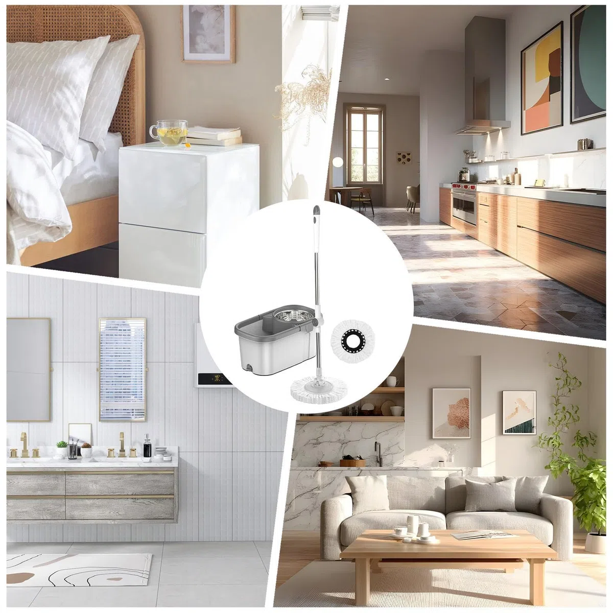Fregona Y Cubo De Limpieza Hogar Compacto Ligero Mango Ajustable Doméstico | Kit De Fregona Giratoria Con Cubo Y Escurridor Autotorsión Apta Para Suelos De Madera, Baldosas, Mármol, Baño, Salón Y