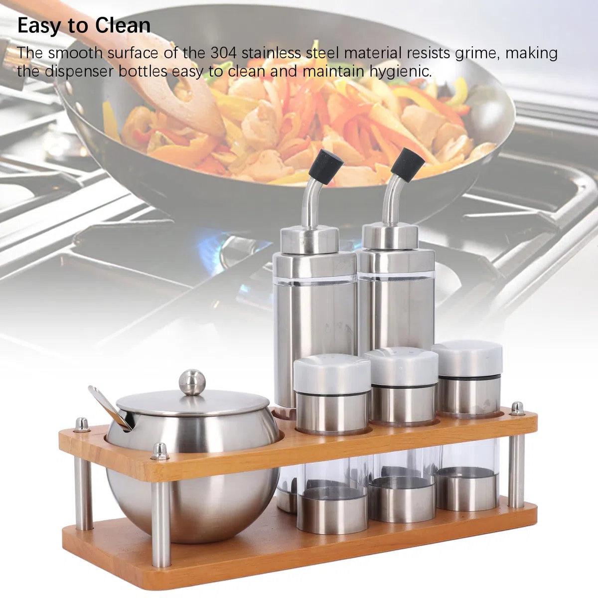 Juego de Dispensadores Condimentos para Vinagre, Sal y Pimienta, Juego Botellas Aceite y Vinagre con Base Estante Madera, Coctelera Plástico Acero Inoxidable Cocina,Almacenamiento