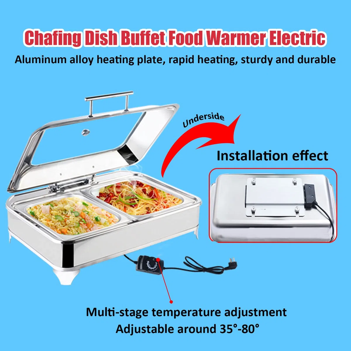 Calentador de Buffet Electrico Chafing Dish Acero Inoxidable, Calentador de Comida Comercial con Tapa Visible para Mesa Buffet, Temperatura Ajustable, 9L, 400 W
