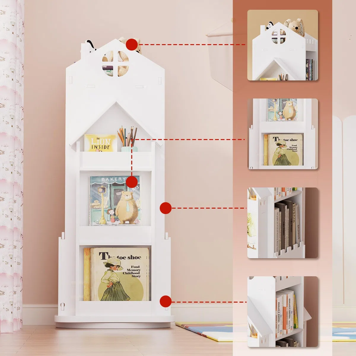 Nisorpa Estantería giratoria para niños con forma de casa, estantería blanca para niños, estantería de pie para niños, estantería giratoria para habitación de niños