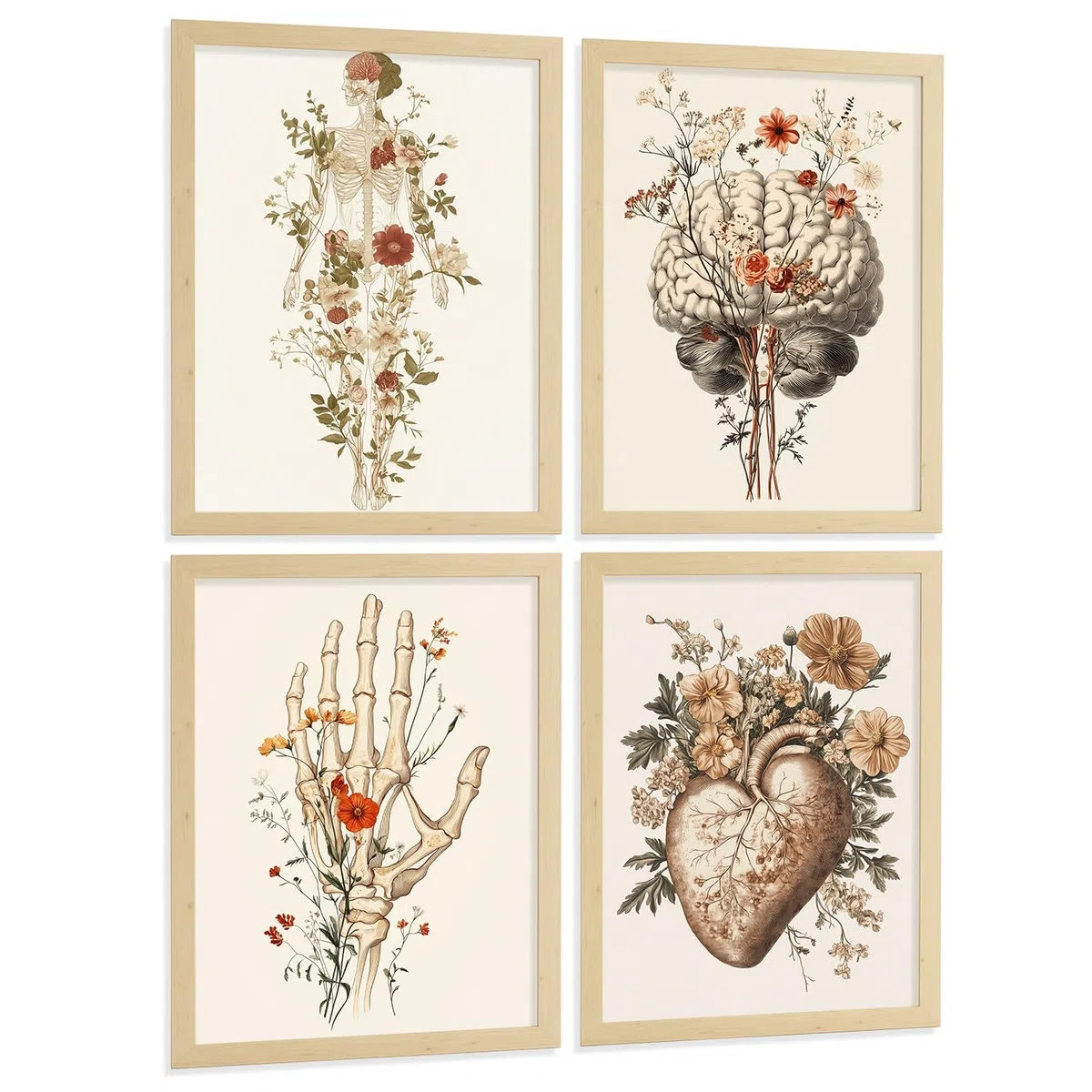 Nacnic Set 4 Posters Decorativos De Anatomía Humana Con Flores Láminas Modernas De Cuerpo Completo Cerebro Mano Y Corazón Tamaño A3 Marco Madera Clara